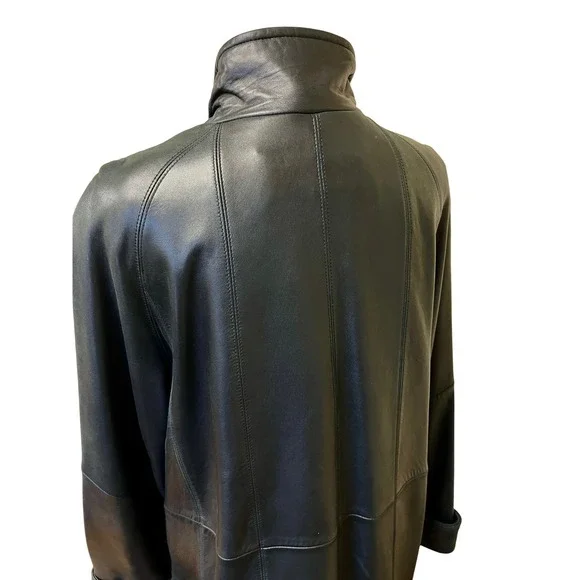 Vintage Y2K LIZ CLAIBORNE Black Leather Car Coat Jacket Zip Sz M Minimalist Goth - Picture 10 of 16